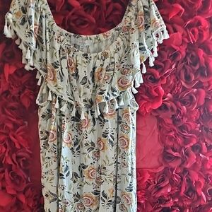 Fever Women's Floral Off-Shoulder Shirt with Tassels Size XLarge